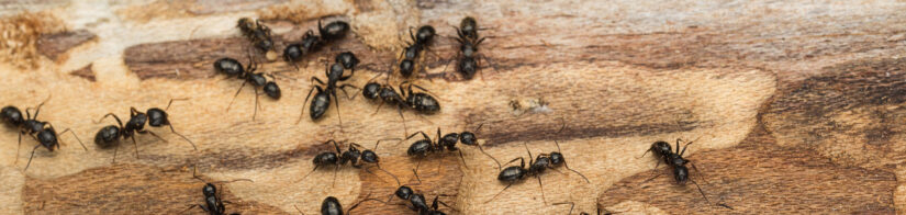 Ants crawling on a wooden surface, indicating a potential need for Carpenter Ant Pest Control in Mequon.