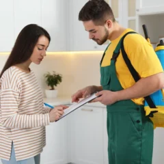 A man and a woman in a kitchen signing for minimum pest control service in Milwaukee.