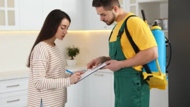 A man and a woman in a kitchen signing for minimum pest control service in Milwaukee.