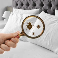 a hand holding a magnifying glass over a bed checking for bed bugs