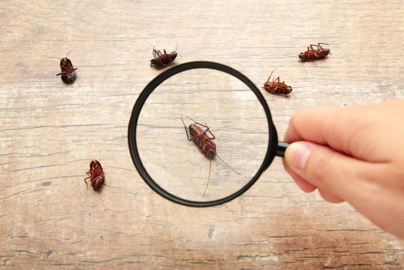 dead cockroach on floor, zooming by magnifying glass by pest control service