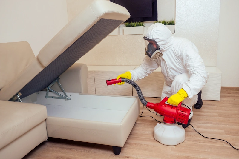 Pest control worker in uniform spraying pesticides under couch