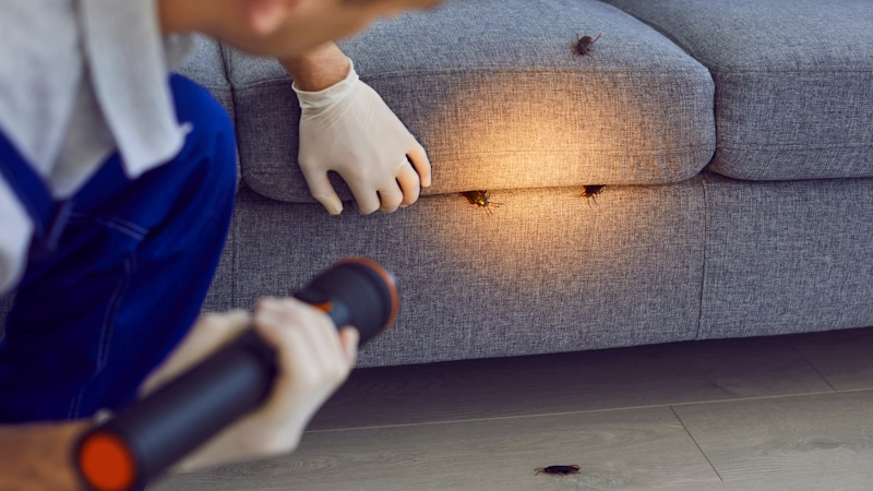 Pest control in Grafton examining a couch with a flashlight