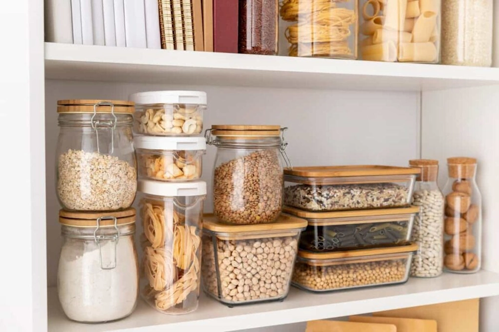 A pantry shelf featuring glass containers of pasta, grains, and books, highlighting the importance of pantry pest control.