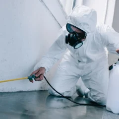 Professional Pest Control in Milwaukee in protective suit and gas mask using a sprayer near a wall.