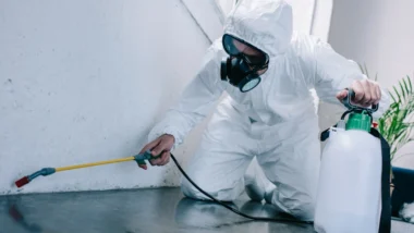 Professional Pest Control in Milwaukee in protective suit and gas mask using a sprayer near a wall.