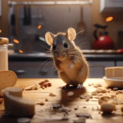 A mouse on a kitchen countertop indicating signs of mice in the house.