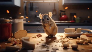 A mouse on a kitchen countertop indicating signs of mice in the house.