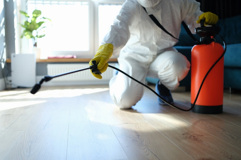 A Pest control oak creek wi in protective suit spraying a light wooden floor indoors using an orange tank.