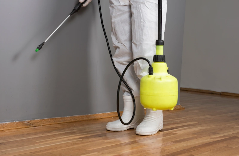 A pest control west allis worker wearing a protective suit using a sprayer with a yellow tank indoors.