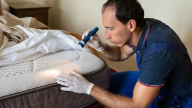 Bed Bug Exterminator Milwaukee in uniform and gloves examining a mattress with a flashlight.
