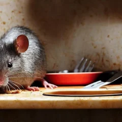 A rat nibbling on food scraps on a messy kitchen counter indicating rat problem in Milwaukee