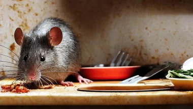 A rat nibbling on food scraps on a messy kitchen counter indicating rat problem in Milwaukee