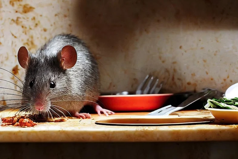 A rat nibbling on food scraps on a messy kitchen counter indicating rat problem in Milwaukee