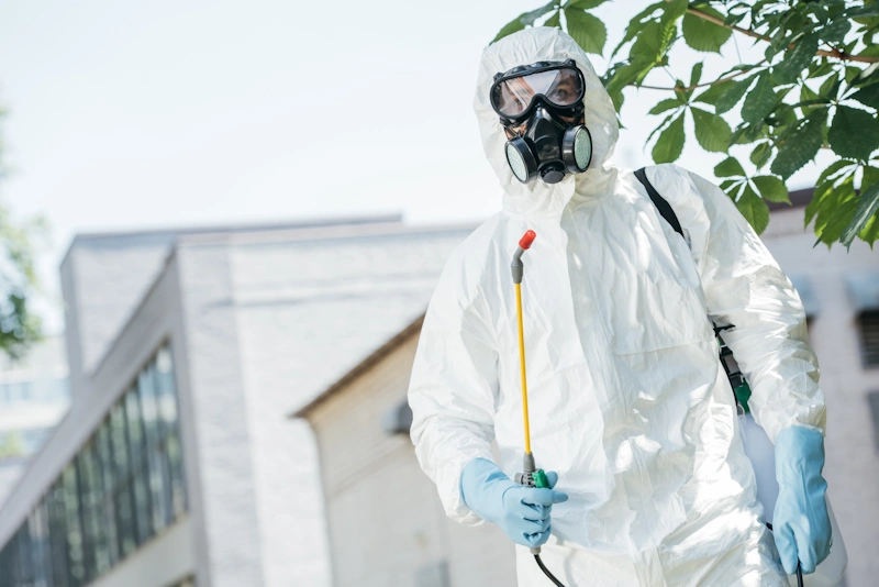 A person holding a spraying device near a building providing pest control services in Thiensville WI
