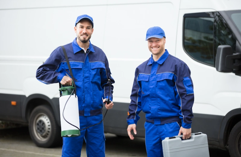 Two Elm Grove pest control expert holding work equipment