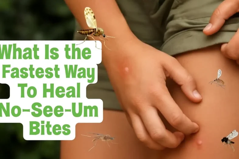 A leg with multiple insect bites with text about healing no-see-um bites.