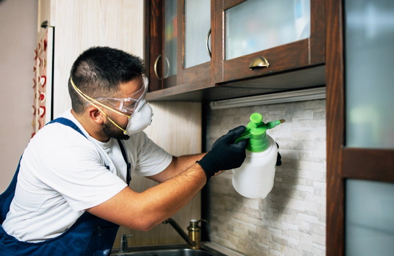 An expert pest control Menomonee Falls spraying treatment under kitchen cabinets.