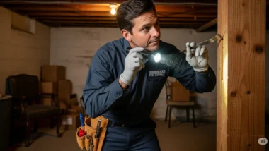 A termite inspection Milwaukee, examines a wooden beam with a flashlight