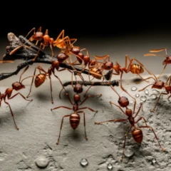 A line of red ants moving a stick across a textured surface with water droplets, highlighting a problem of how to control ants in homes.