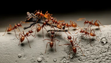 A line of red ants moving a stick across a textured surface with water droplets, highlighting a problem of how to control ants in homes.