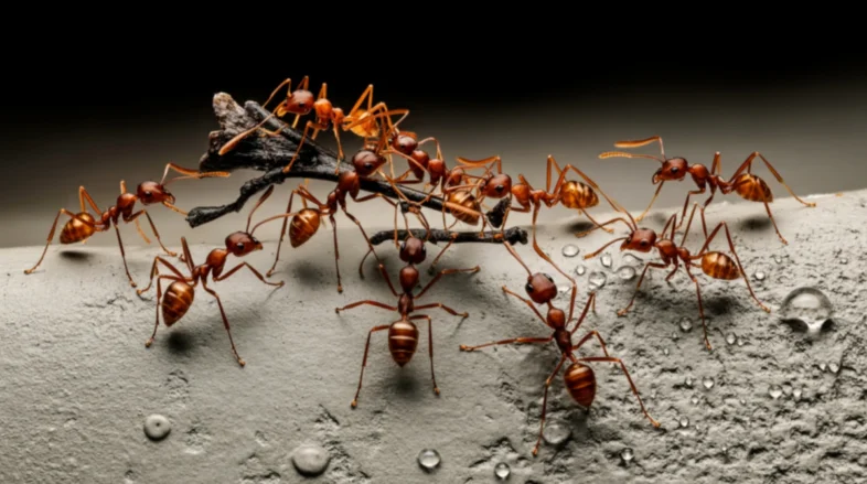 A line of red ants moving a stick across a textured surface with water droplets, highlighting a problem of how to control ants in homes.